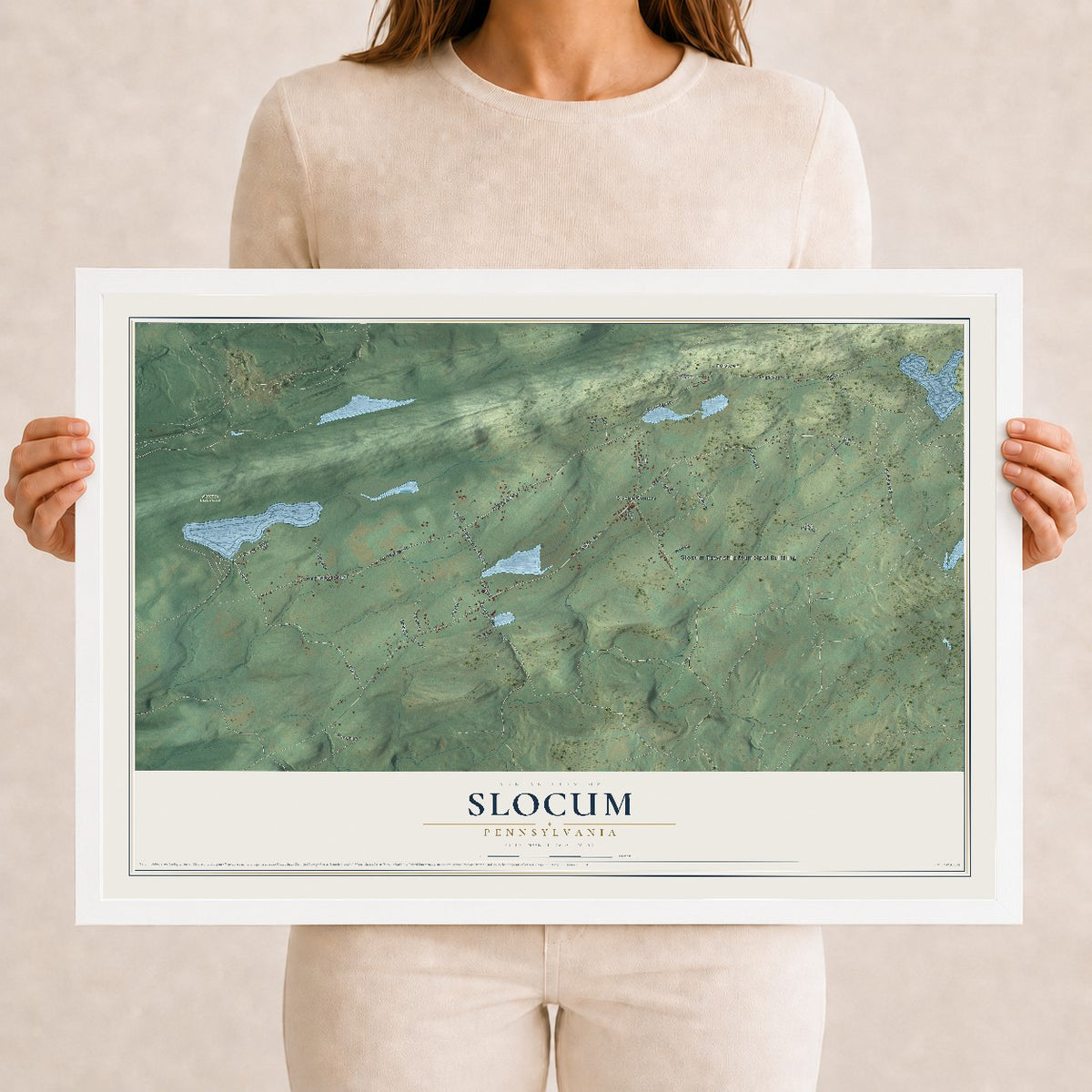 Map of Slocum, Pennsylvania, 12 x 18 inch print in a white wood frame