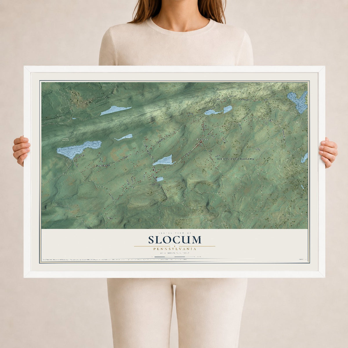 Map of Slocum, Pennsylvania, 24 x 36 inch print in a white wood frame