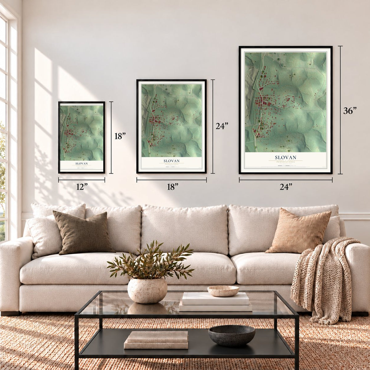 Slovan, Pennsylvania map in 12 x 18, 18 x 24 and 24 x 36 inch sizes above a sofa