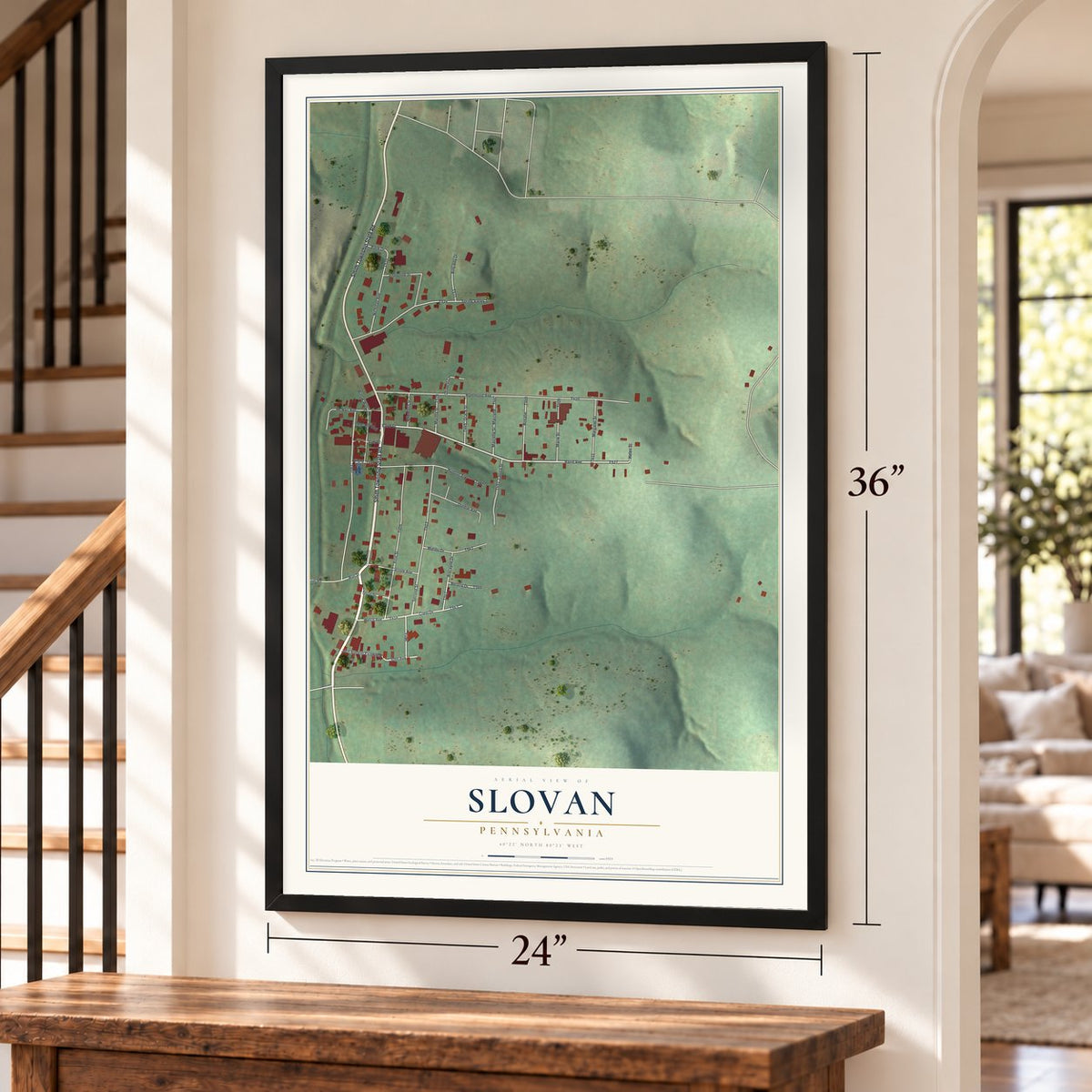 Slovan, Pennsylvania map, 24 x 36 inch print in a black frame by a staircase