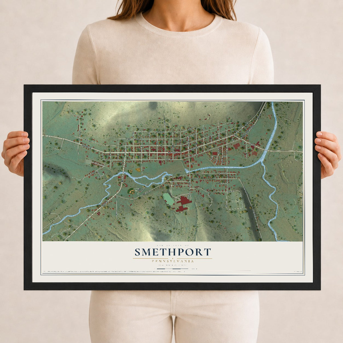Map of Smethport, Pennsylvania, 12 x 18 inch print in a black wood frame