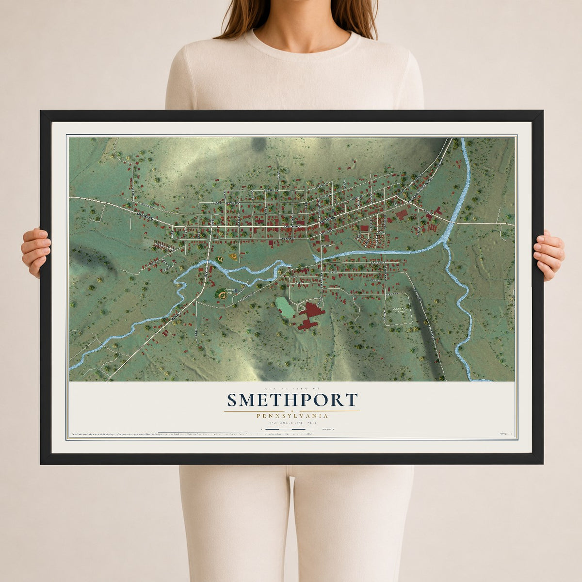 Map of Smethport, Pennsylvania, 24 x 36 inch print in a black wood frame