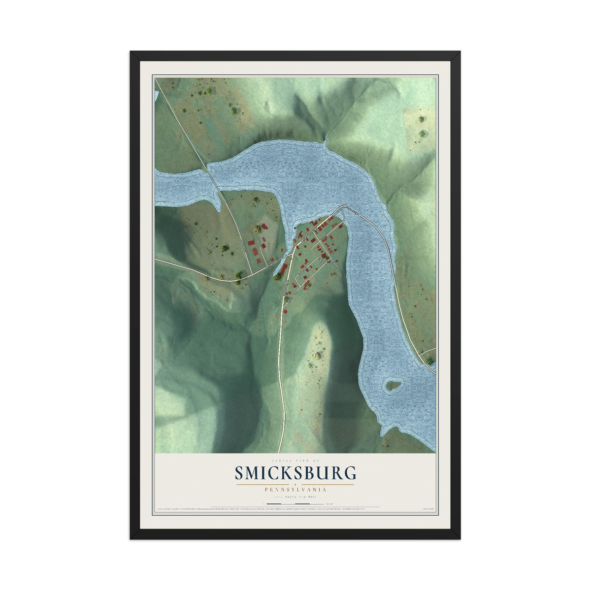 Map of Smicksburg, Pennsylvania, 12 x 18 inch print in a black wood frame