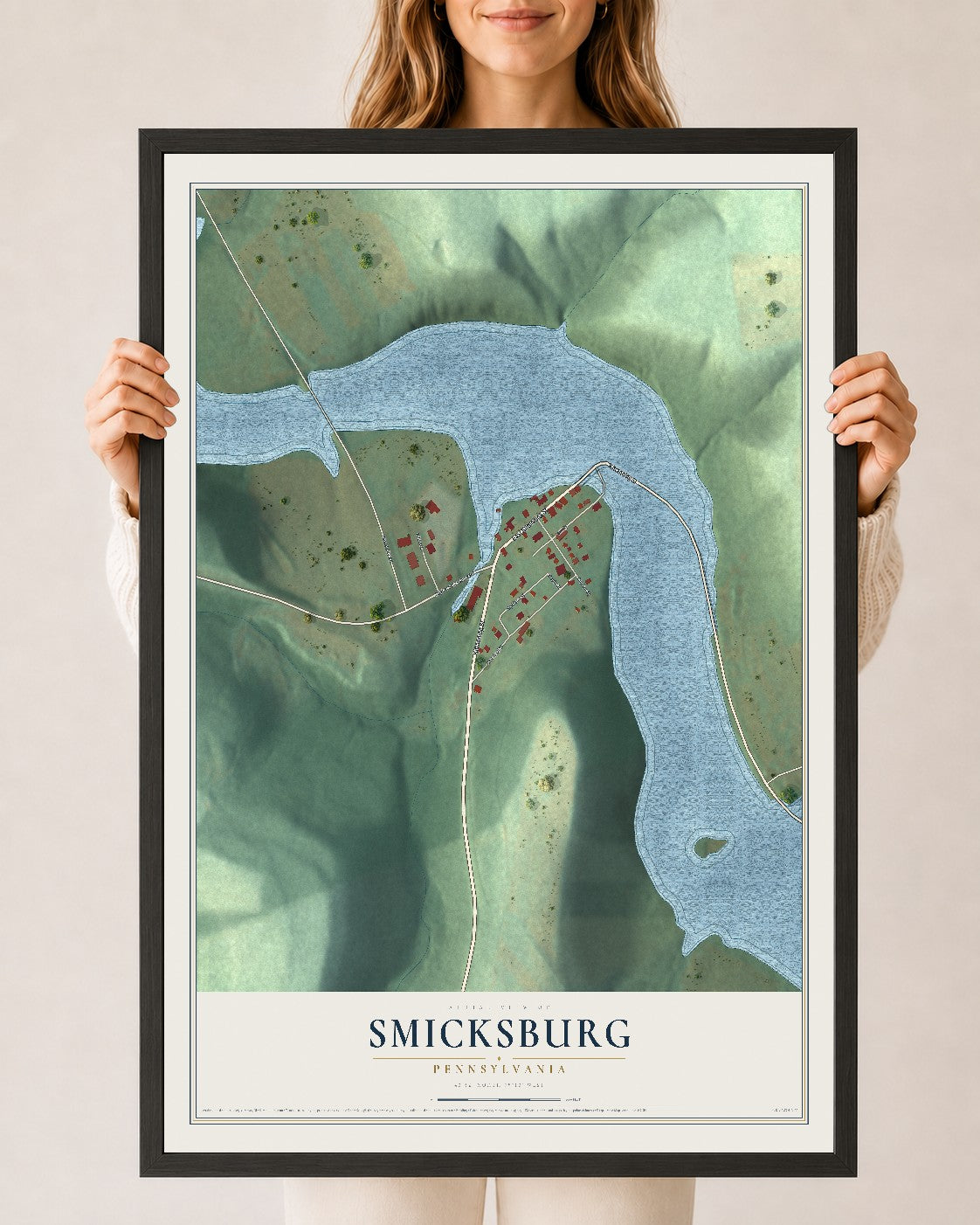 Map of Smicksburg, Pennsylvania, 24 x 36 inch print in a black wood frame
