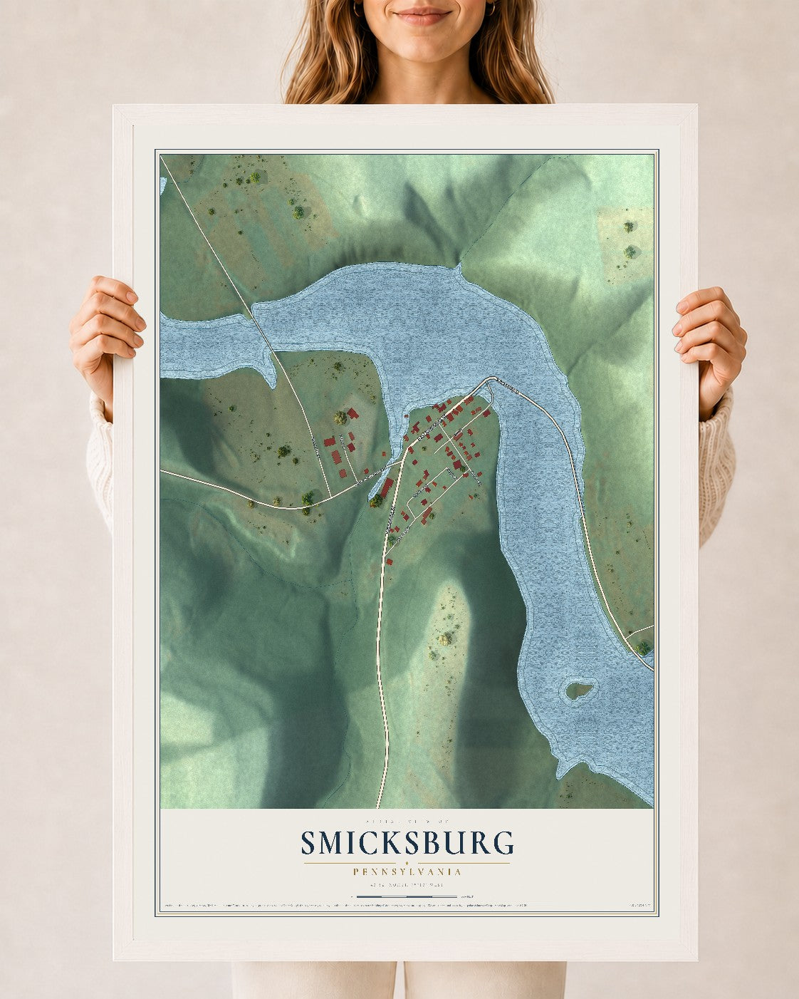 Map of Smicksburg, Pennsylvania, 24 x 36 inch print in a white wood frame