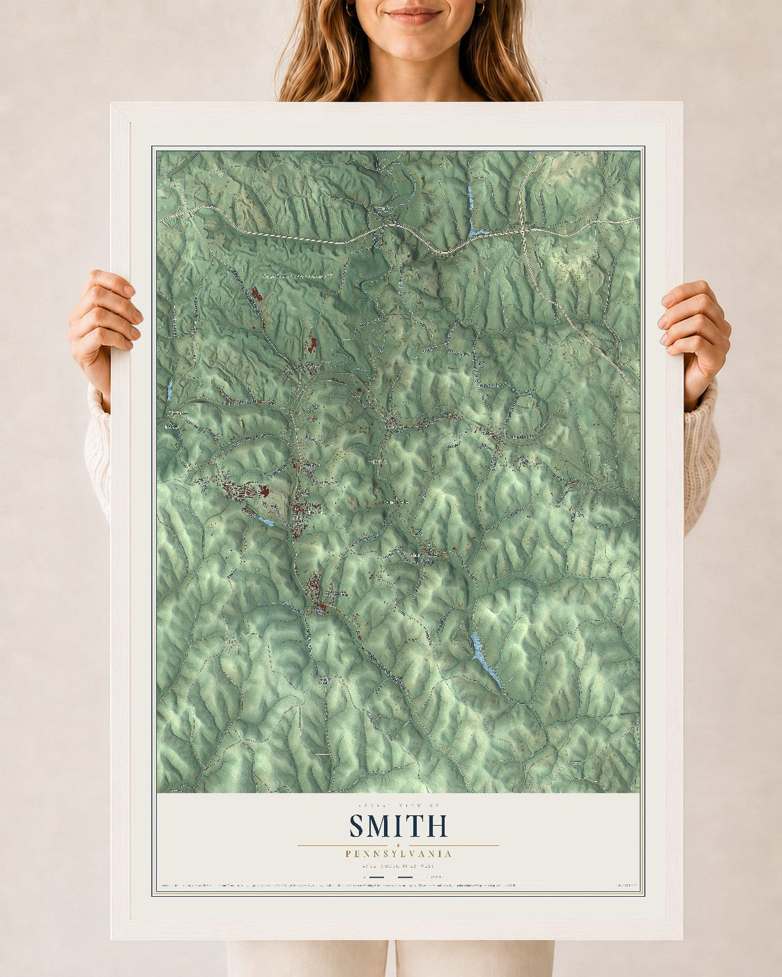 Map of Smith, Pennsylvania, 24 x 36 inch print in a white wood frame
