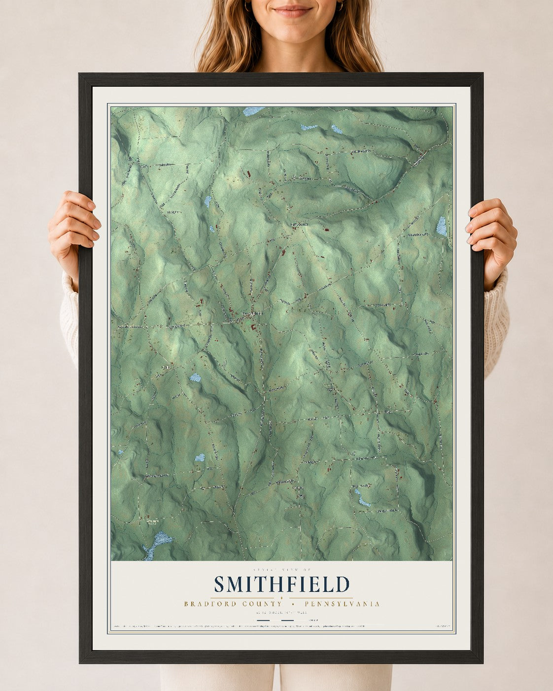 Map of Smithfield, Bradford County, Pennsylvania, 24 x 36 inch print in a black wood frame