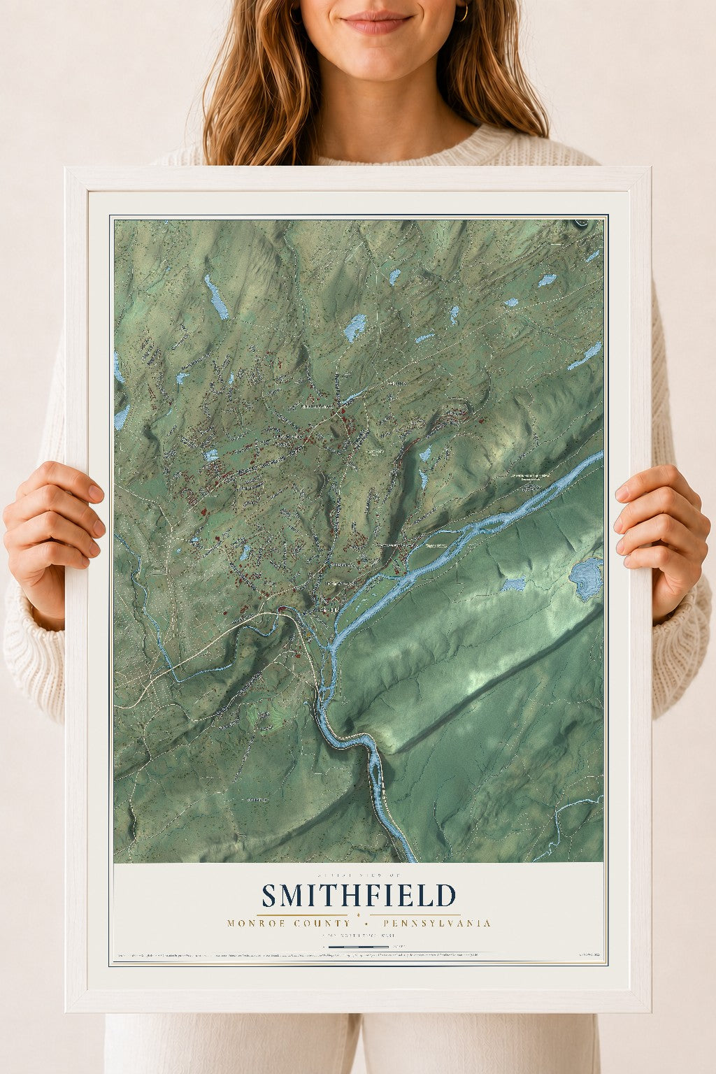 Map of Smithfield, Monroe County, Pennsylvania, 18 x 24 inch print in a white wood frame