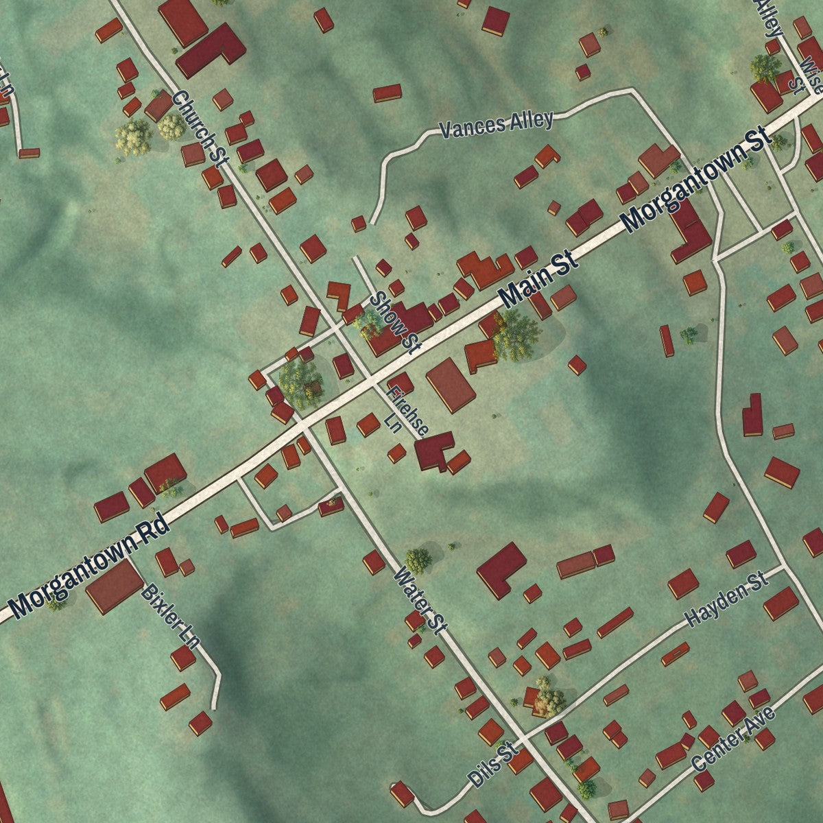 Close-up of the map of Smithfield, Fayette County, Pennsylvania print showing street and building detail