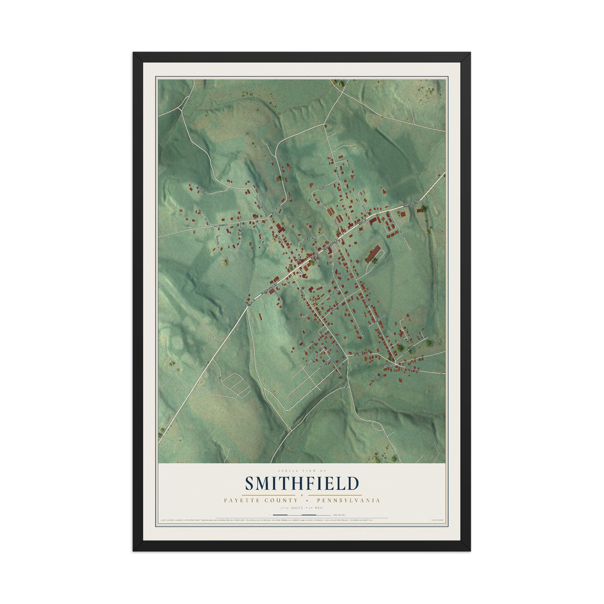 Map of Smithfield, Fayette County, Pennsylvania, 12 x 18 inch print in a black wood frame