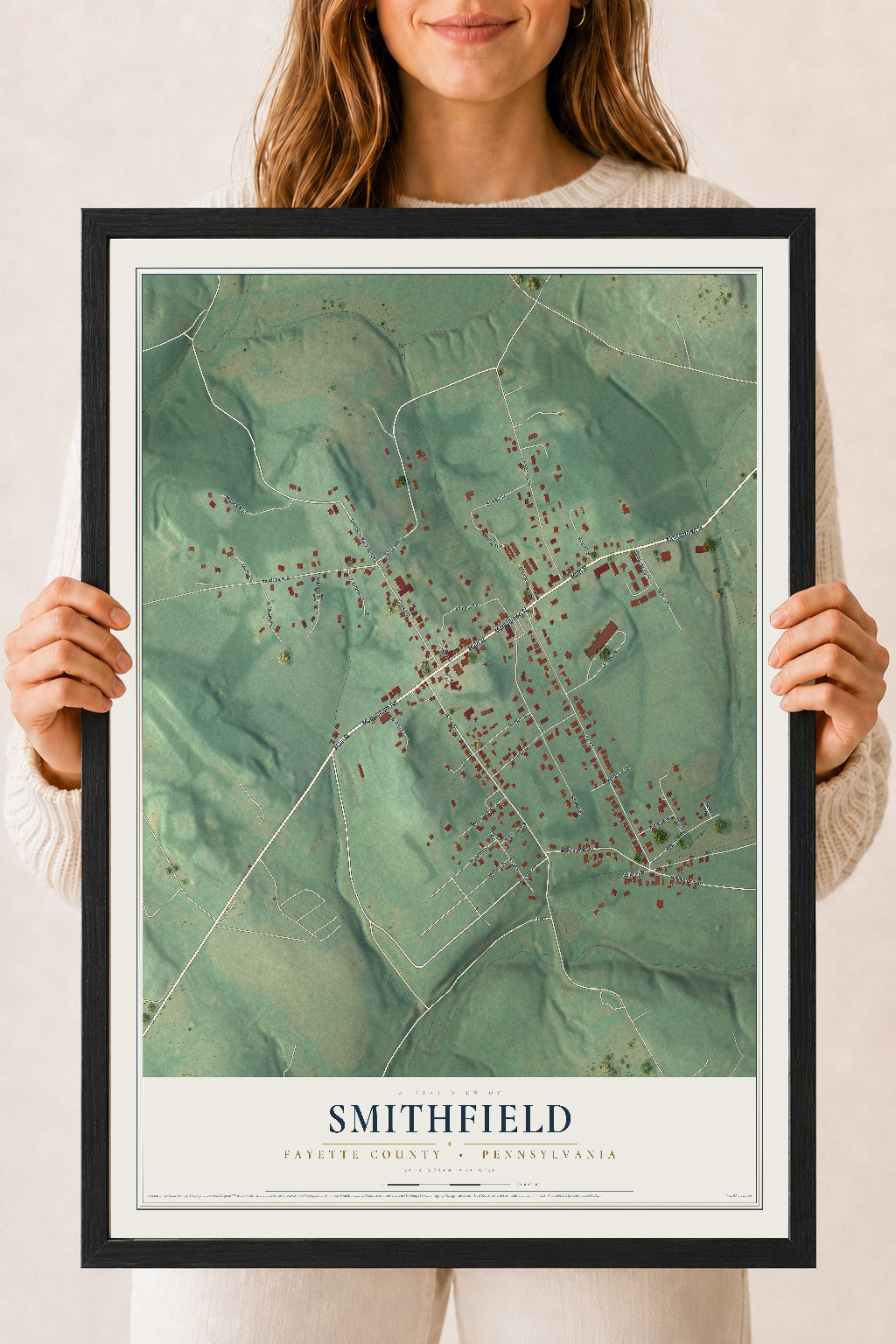 Map of Smithfield, Fayette County, Pennsylvania, 18 x 24 inch print in a black wood frame