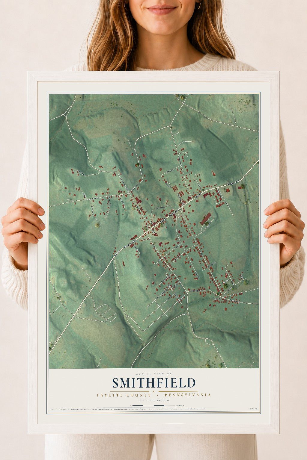 Map of Smithfield, Fayette County, Pennsylvania, 18 x 24 inch print in a white wood frame