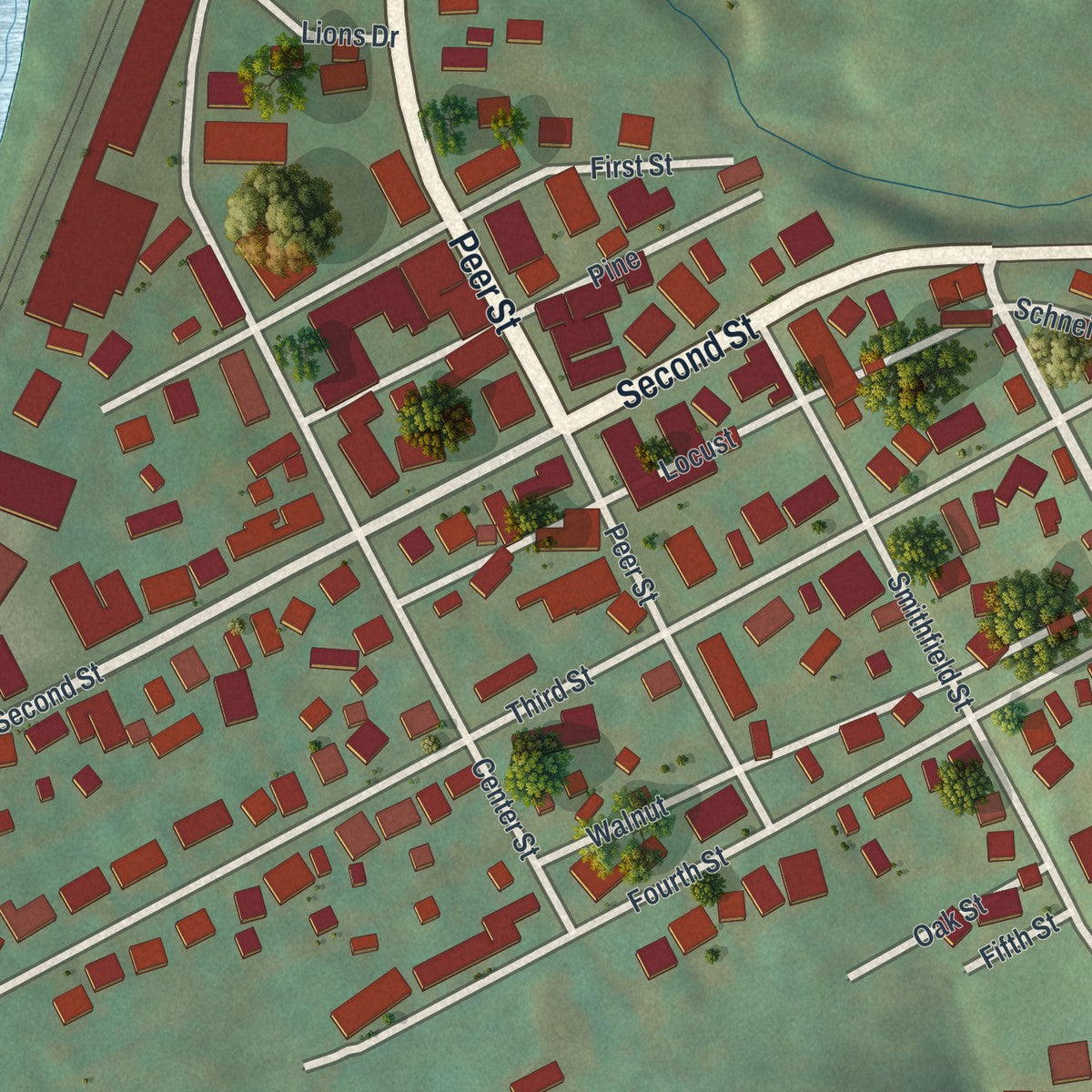 Close-up of the map of Smithton, Pennsylvania print showing street and building detail