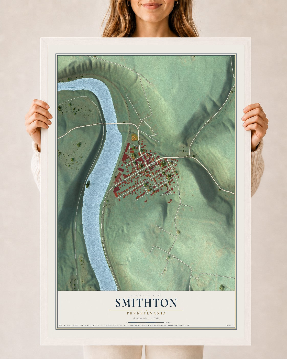 Map of Smithton, Pennsylvania, 24 x 36 inch print in a white wood frame
