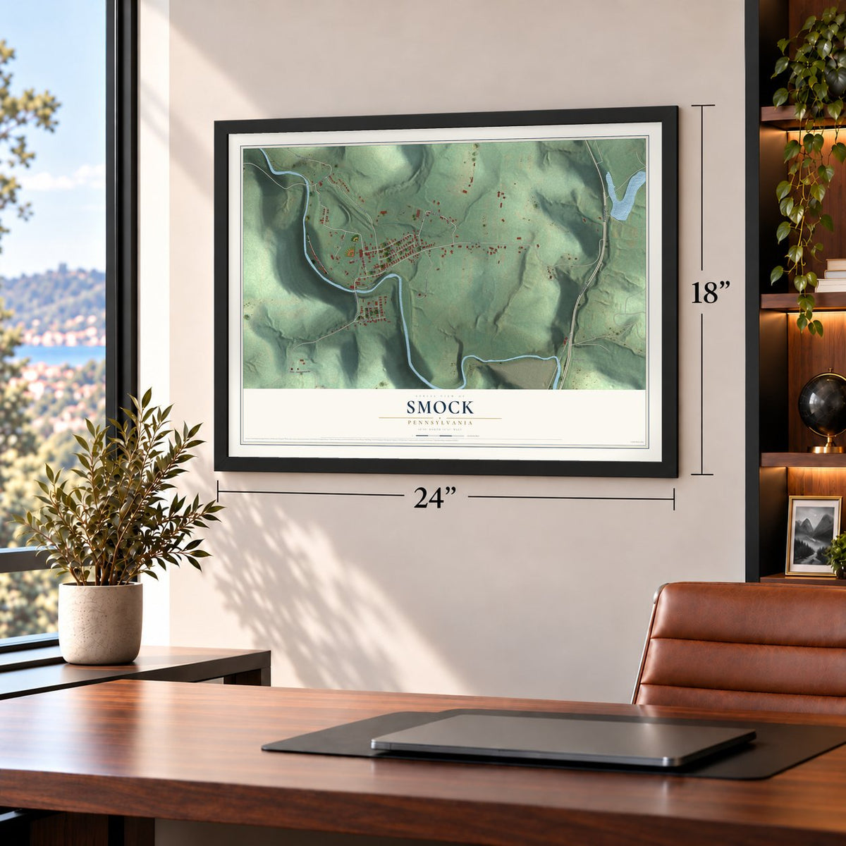 Smock, Pennsylvania map, 18 x 24 inch print in a black frame in a home office