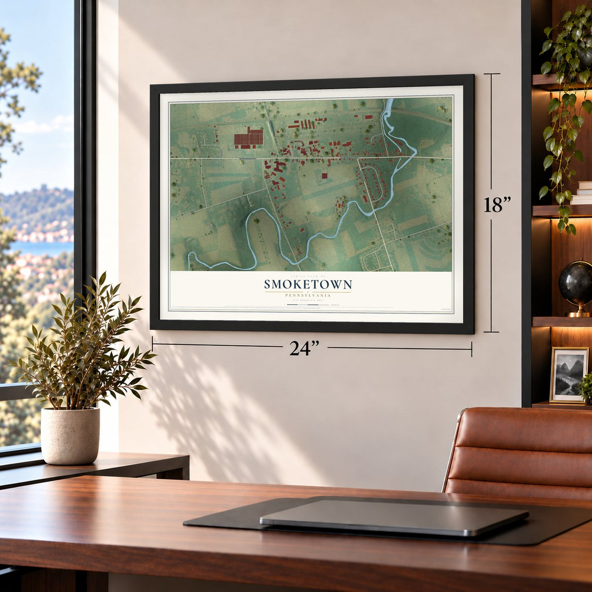 Smoketown, Pennsylvania map, 18 x 24 inch print in a black frame in a home office