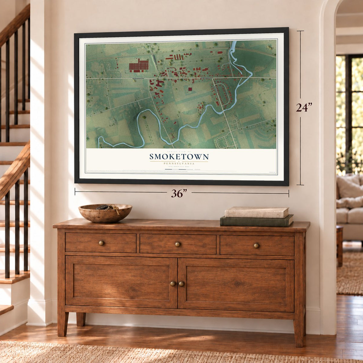 Smoketown, Pennsylvania map, 24 x 36 inch print in a black frame above a dresser by a staircase