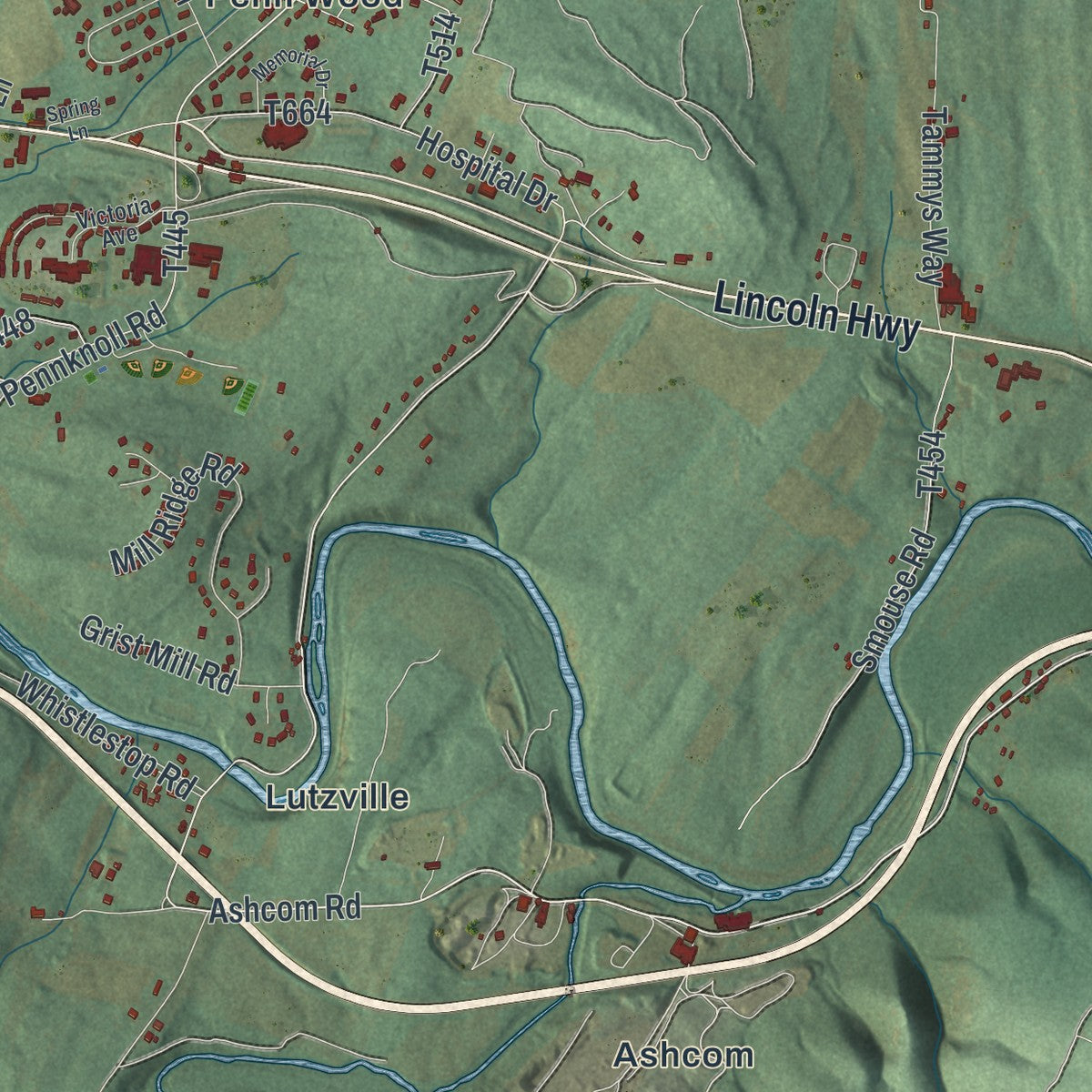 Second close-up of the map of Snake Spring, Pennsylvania print showing more streets and buildings