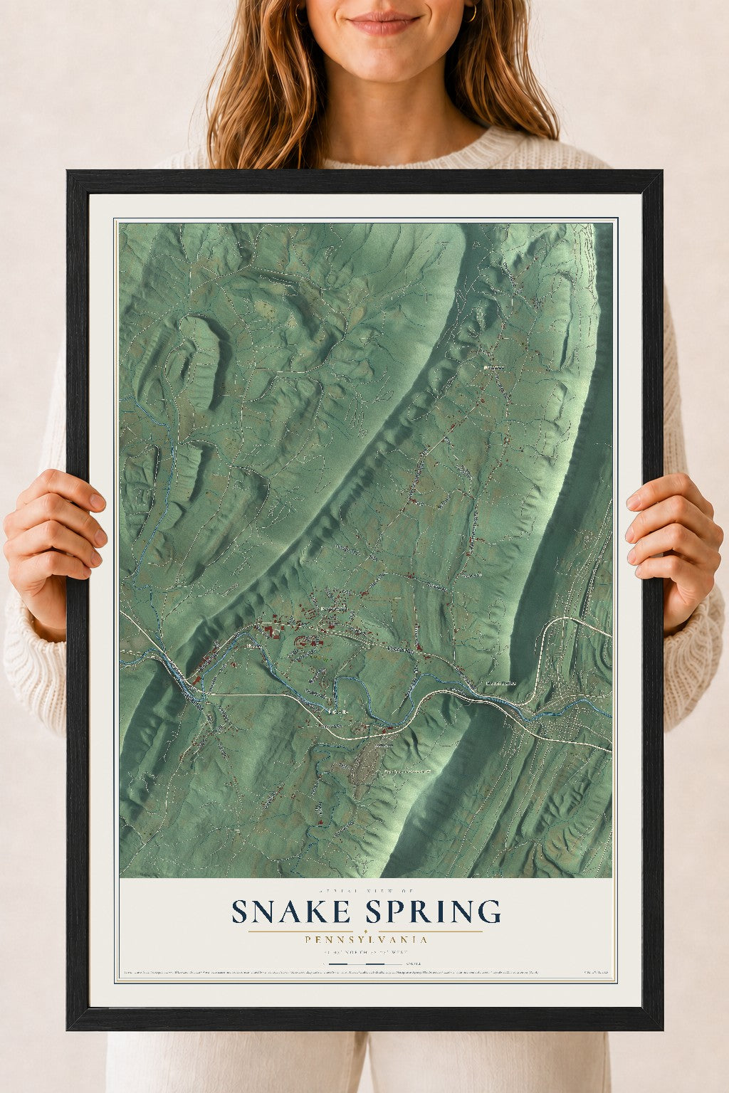 Map of Snake Spring, Pennsylvania, 18 x 24 inch print in a black wood frame