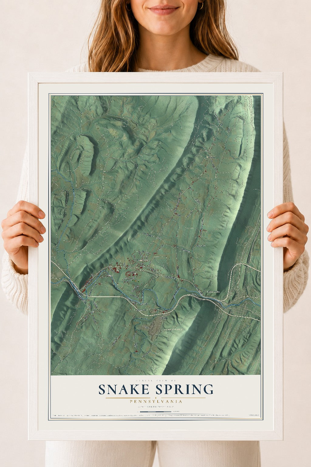 Map of Snake Spring, Pennsylvania, 18 x 24 inch print in a white wood frame