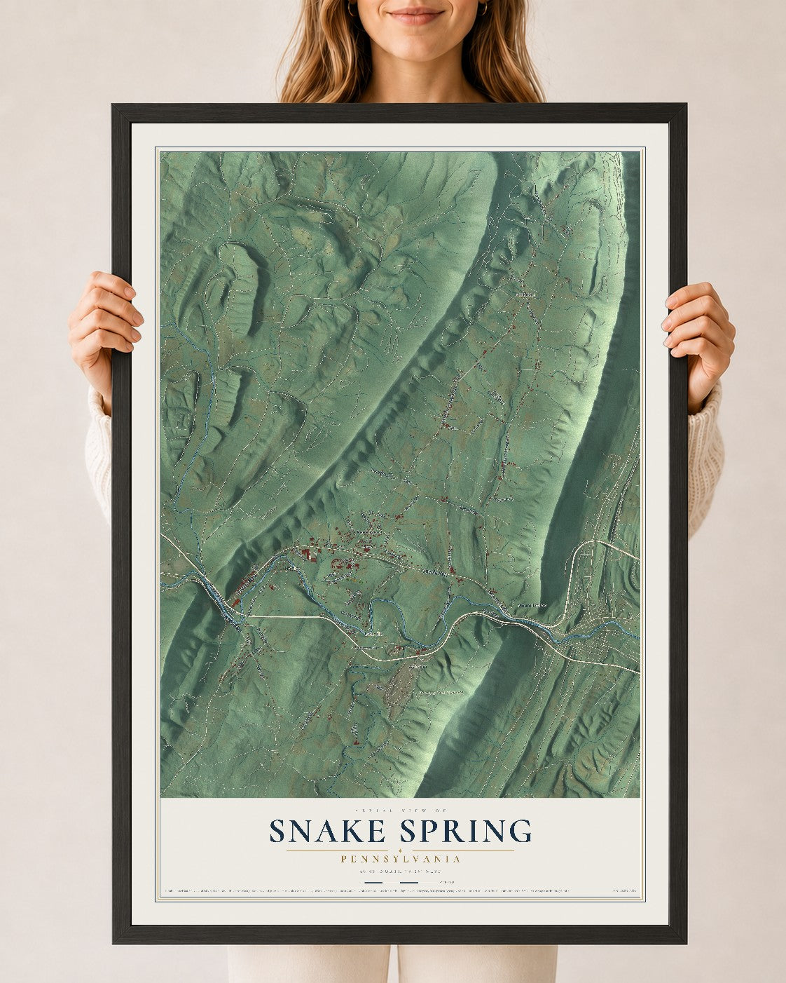Map of Snake Spring, Pennsylvania, 24 x 36 inch print in a black wood frame