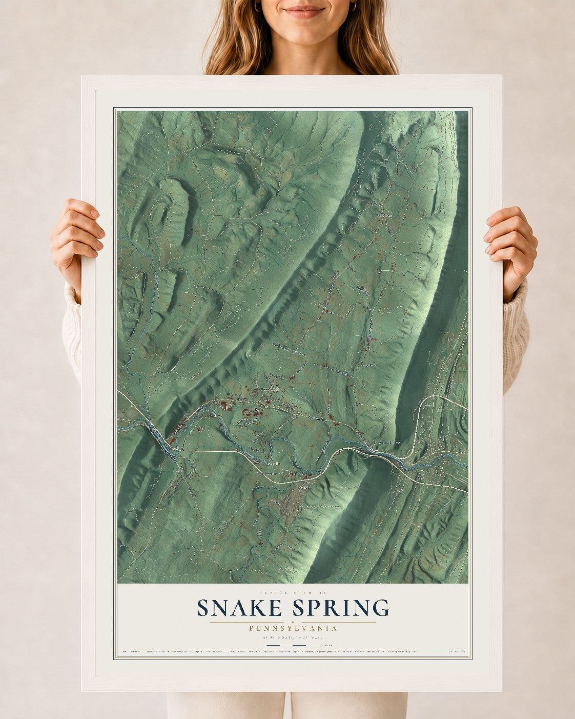 Map of Snake Spring, Pennsylvania, 24 x 36 inch print in a white wood frame
