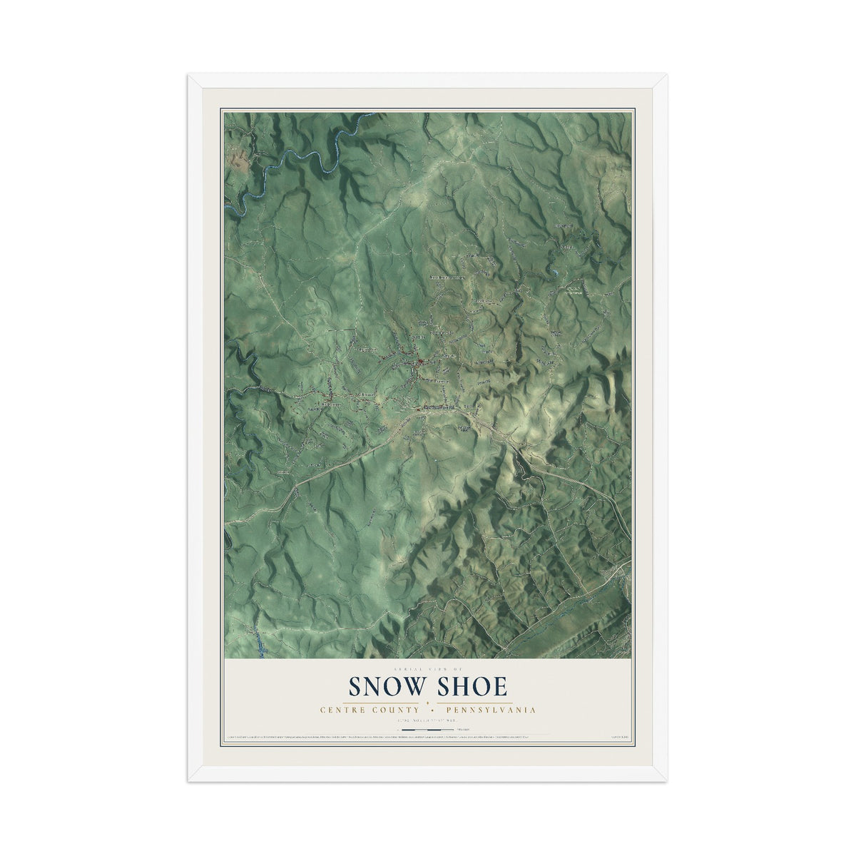 Map of Snow Shoe, Centre County, Pennsylvania, 12 x 18 inch print in a white wood frame