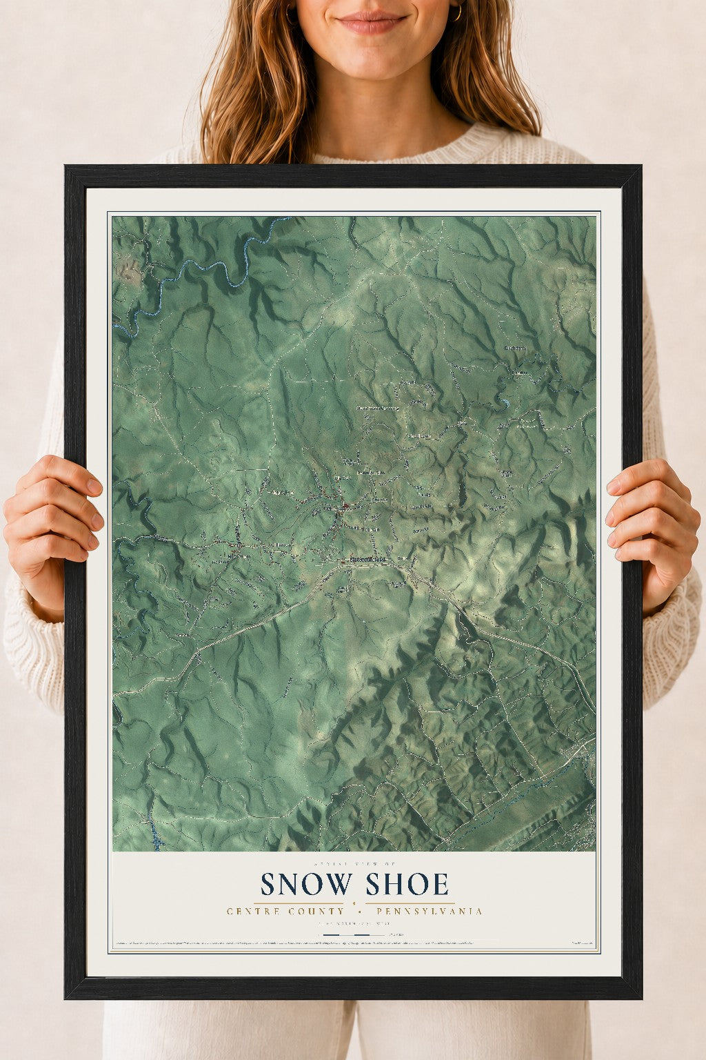 Map of Snow Shoe, Centre County, Pennsylvania, 18 x 24 inch print in a black wood frame