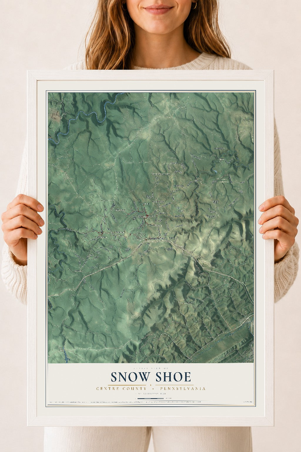 Map of Snow Shoe, Centre County, Pennsylvania, 18 x 24 inch print in a white wood frame