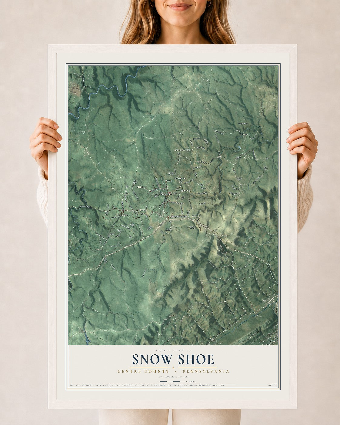 Map of Snow Shoe, Centre County, Pennsylvania, 24 x 36 inch print in a white wood frame
