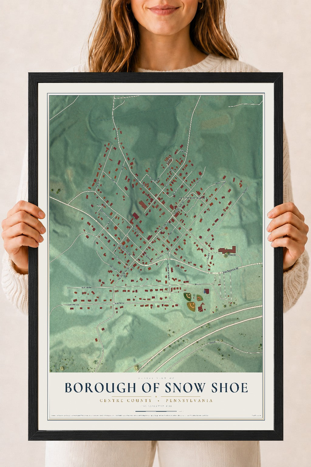 Map of the Borough of Snow Shoe, Centre County, Pennsylvania, 18 x 24 inch print in a black wood frame