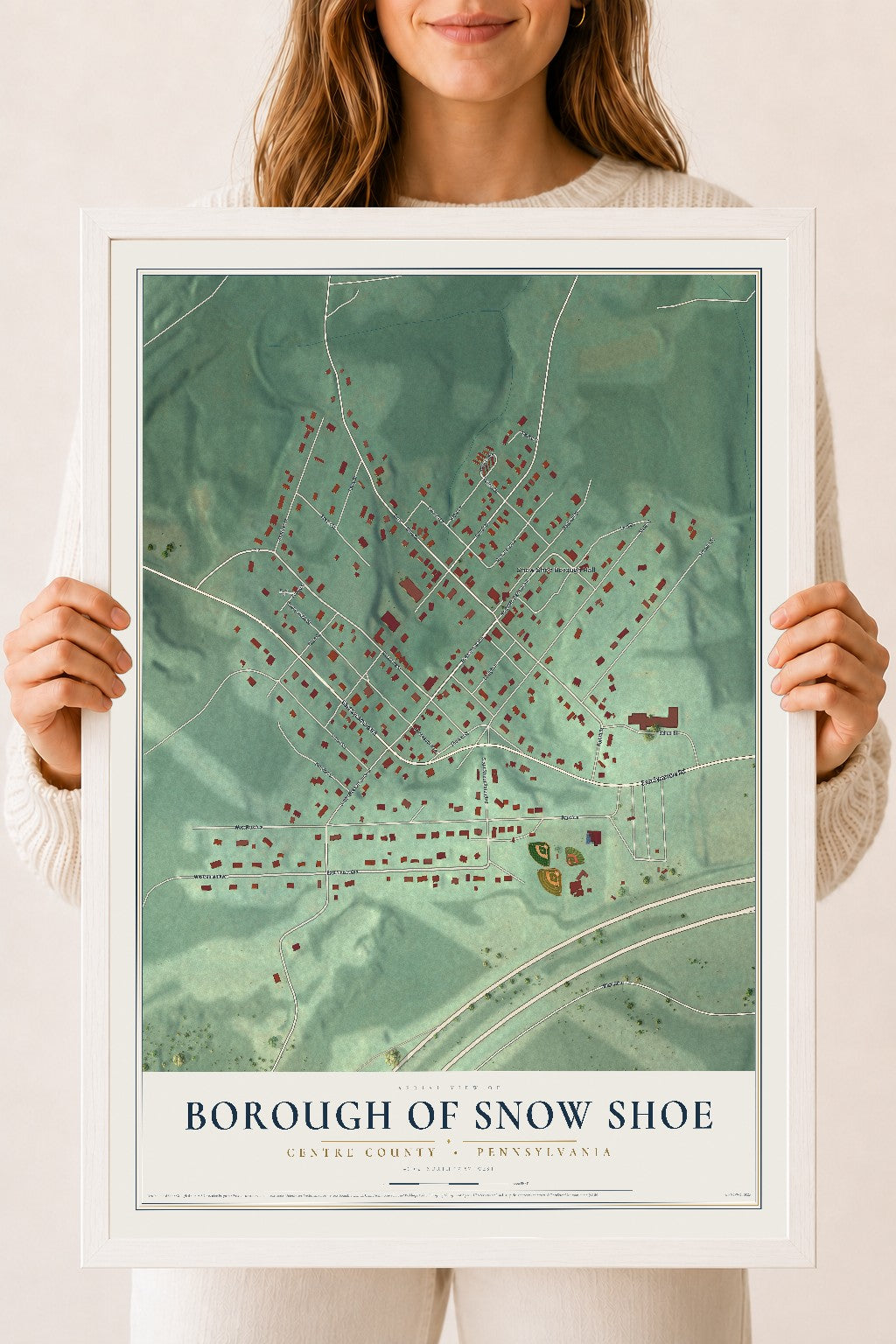 Map of the Borough of Snow Shoe, Centre County, Pennsylvania, 18 x 24 inch print in a white wood frame