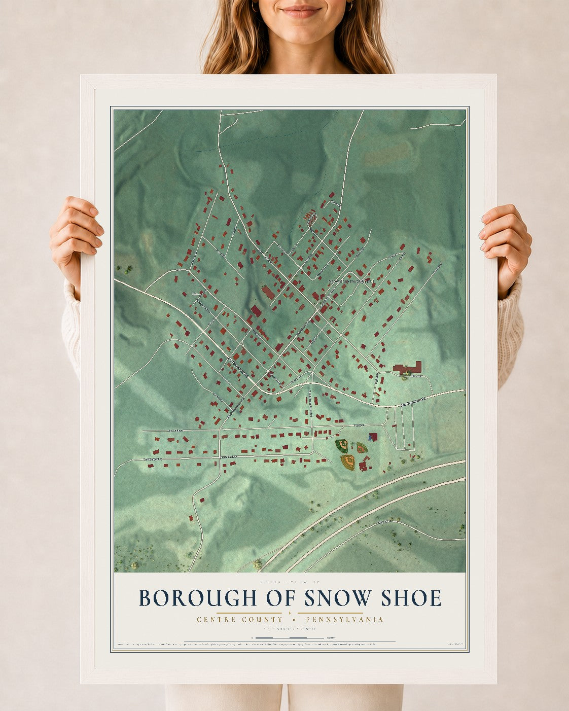 Map of the Borough of Snow Shoe, Centre County, Pennsylvania, 24 x 36 inch print in a white wood frame