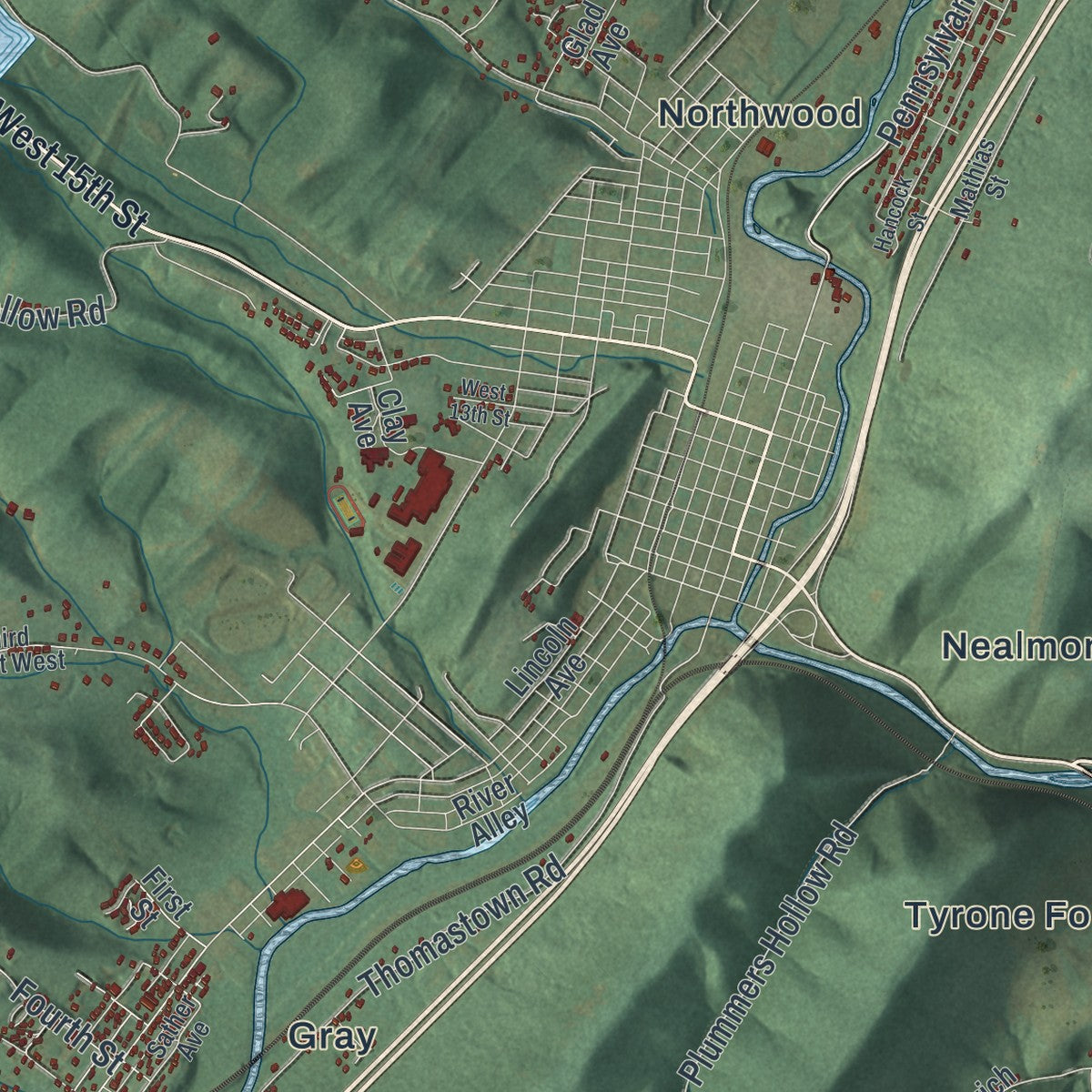 Close-up of the map of Snyder, Blair County, Pennsylvania print showing street and building detail