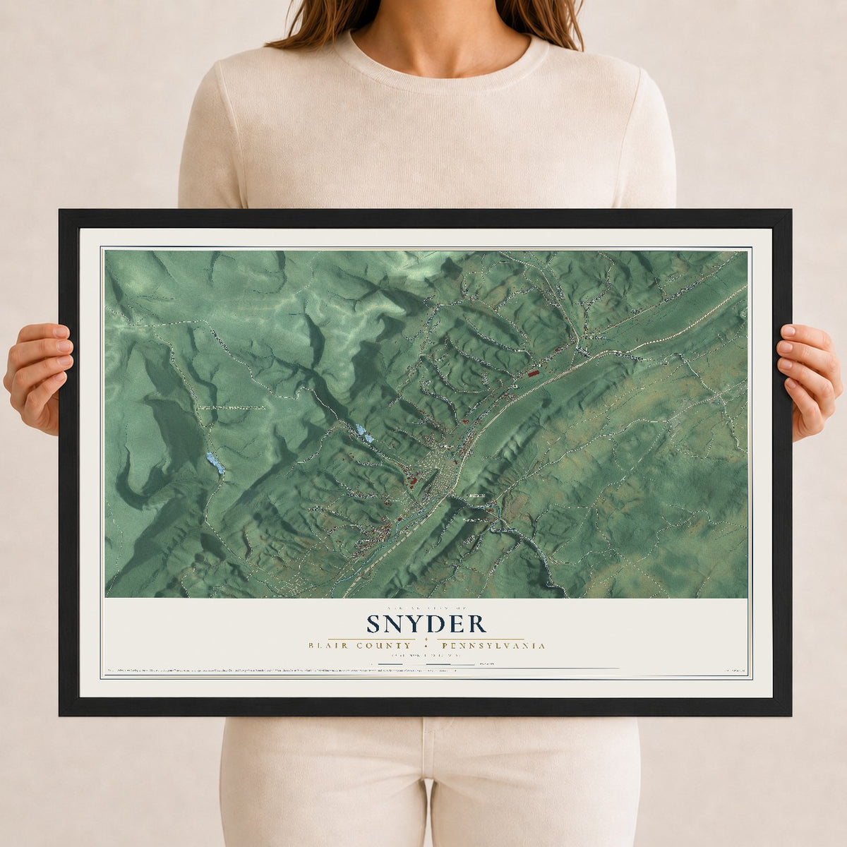 Map of Snyder, Blair County, Pennsylvania, 12 x 18 inch print in a black wood frame
