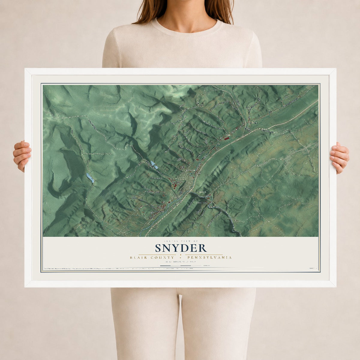 Map of Snyder, Blair County, Pennsylvania, 24 x 36 inch print in a white wood frame