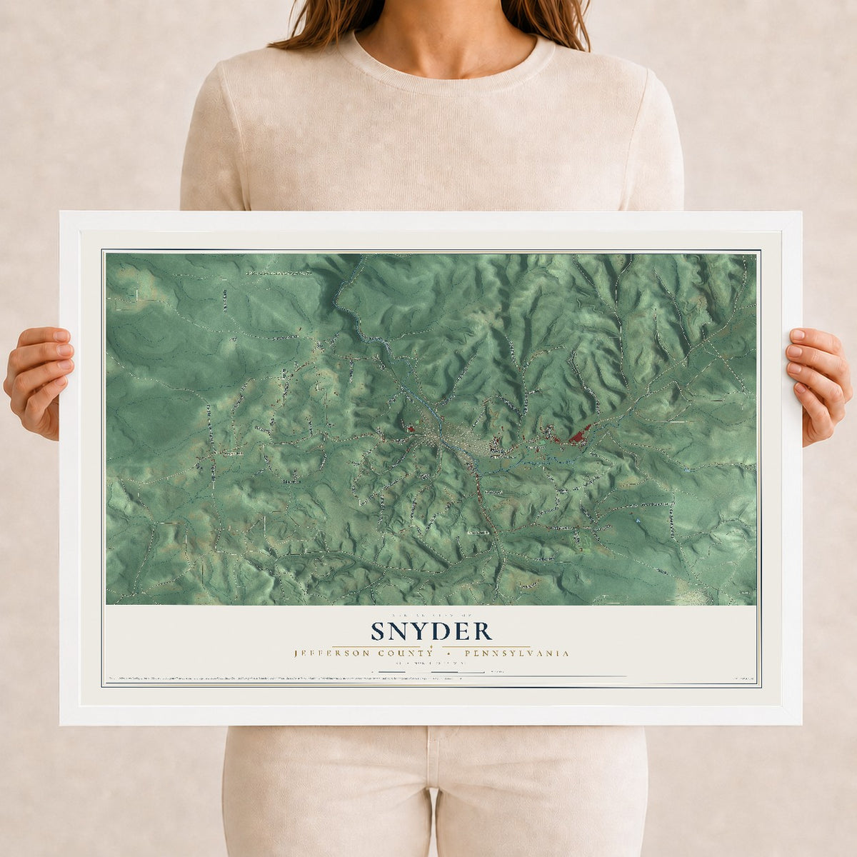 Map of Snyder, Jefferson County, Pennsylvania, 12 x 18 inch print in a white wood frame