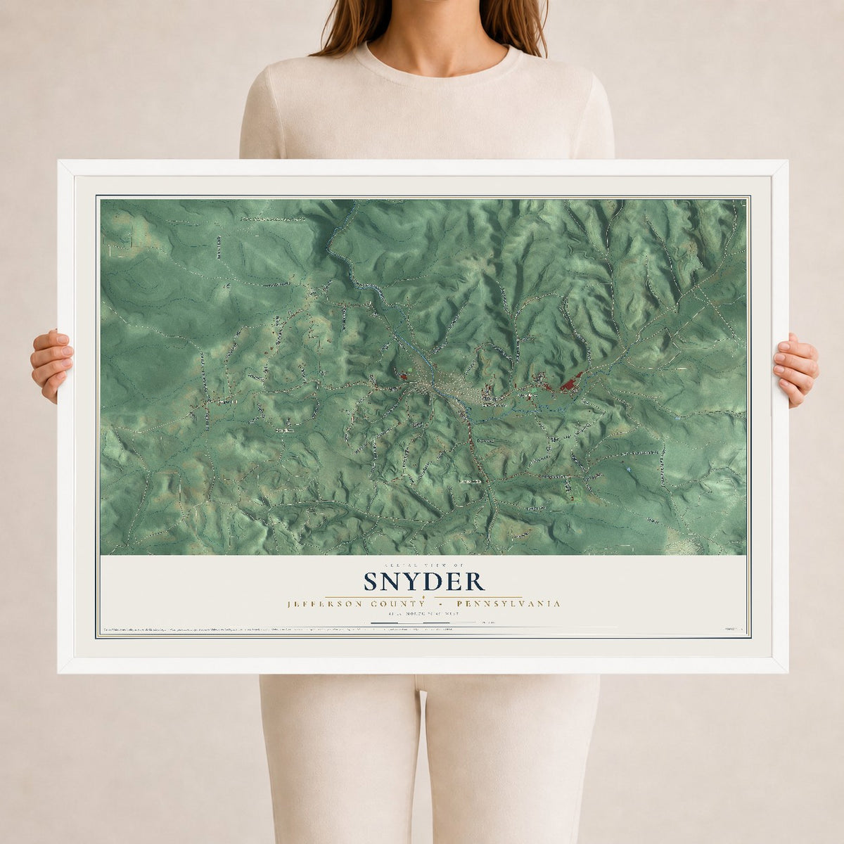 Map of Snyder, Jefferson County, Pennsylvania, 24 x 36 inch print in a white wood frame