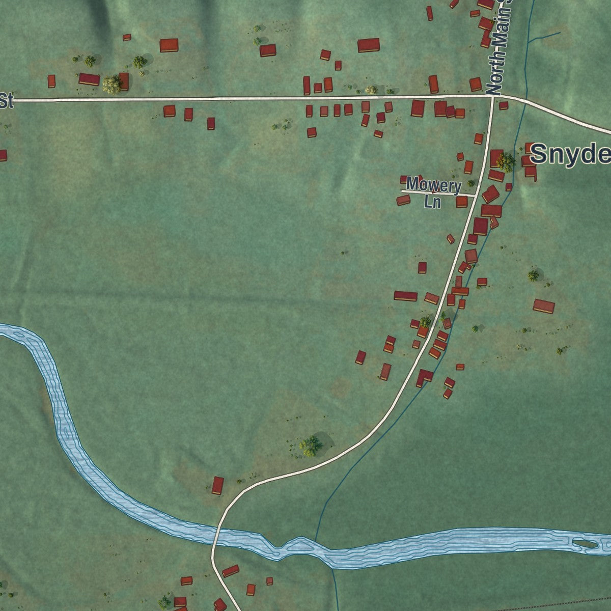 Second close-up of the map of Snydertown, Pennsylvania print showing more streets and buildings