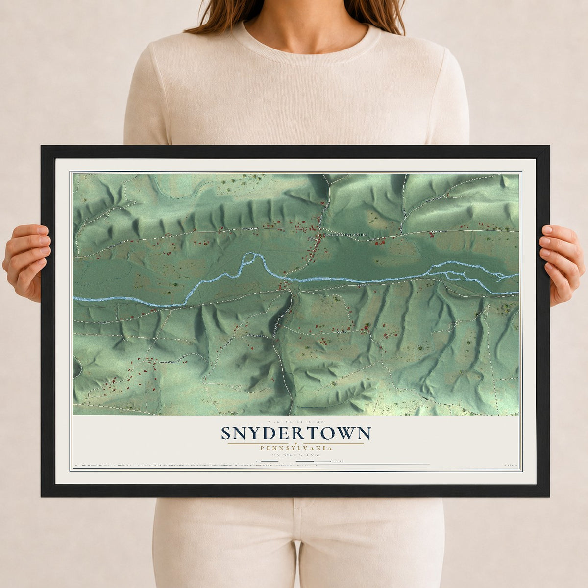 Map of Snydertown, Pennsylvania, 12 x 18 inch print in a black wood frame