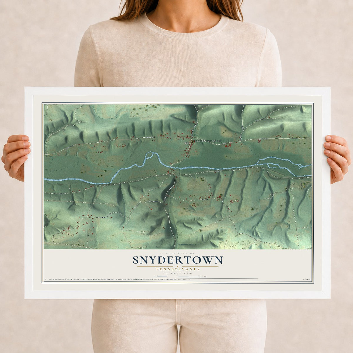 Map of Snydertown, Pennsylvania, 12 x 18 inch print in a white wood frame