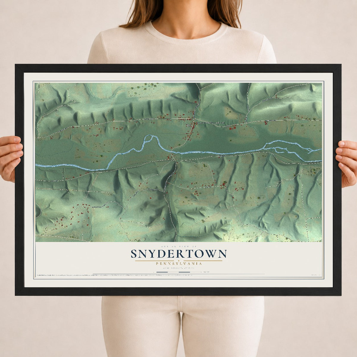 Map of Snydertown, Pennsylvania, 18 x 24 inch print in a black wood frame