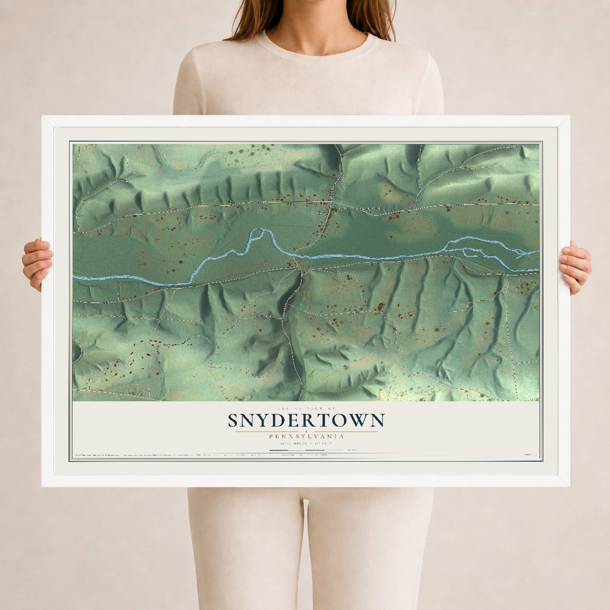 Map of Snydertown, Pennsylvania, 24 x 36 inch print in a white wood frame
