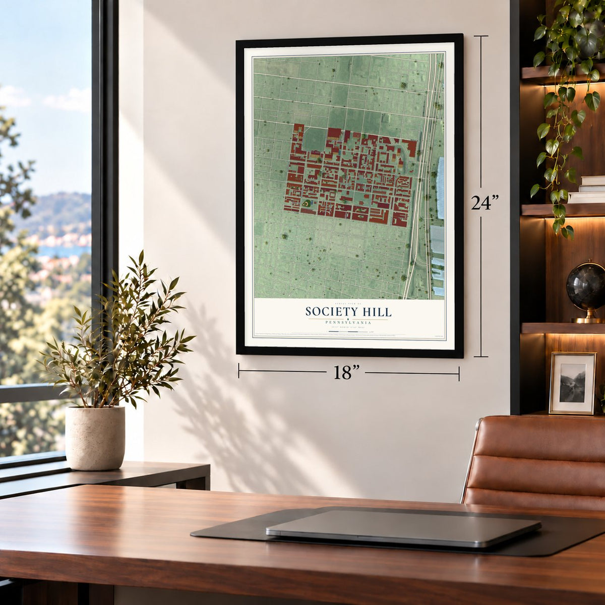 Society Hill, Pennsylvania map, 18 x 24 inch print in a black frame in a home office