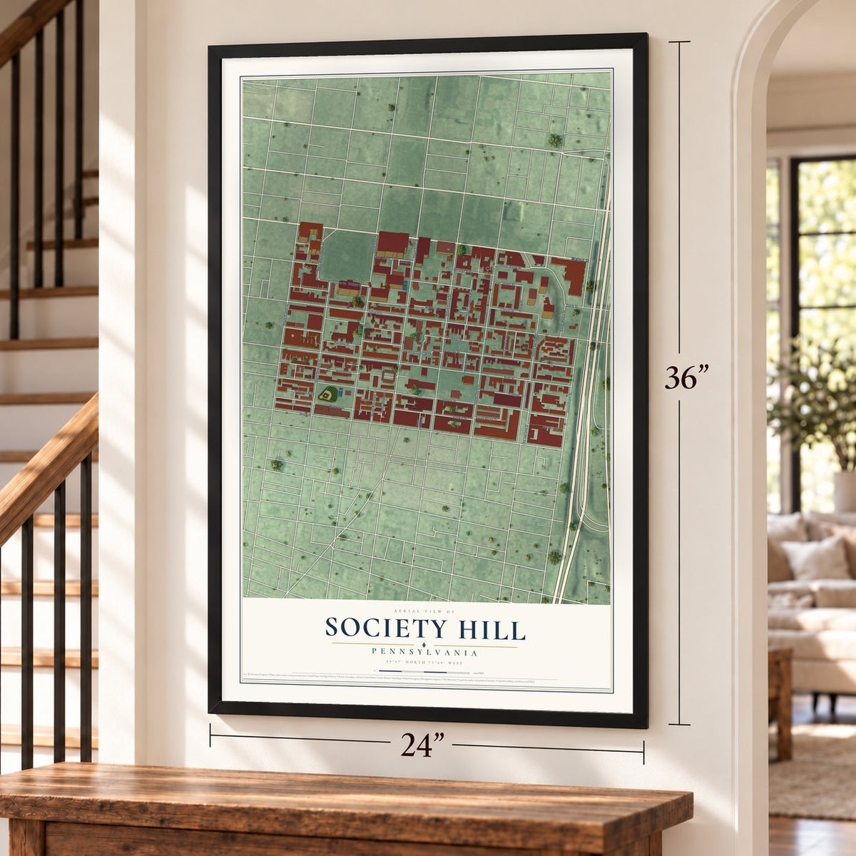 Society Hill, Pennsylvania map, 24 x 36 inch print in a black frame by a staircase