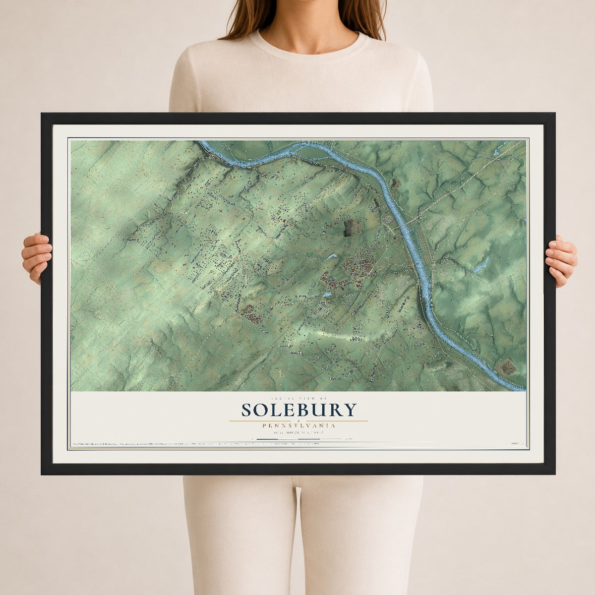 Map of Solebury, Pennsylvania, 24 x 36 inch print in a black wood frame
