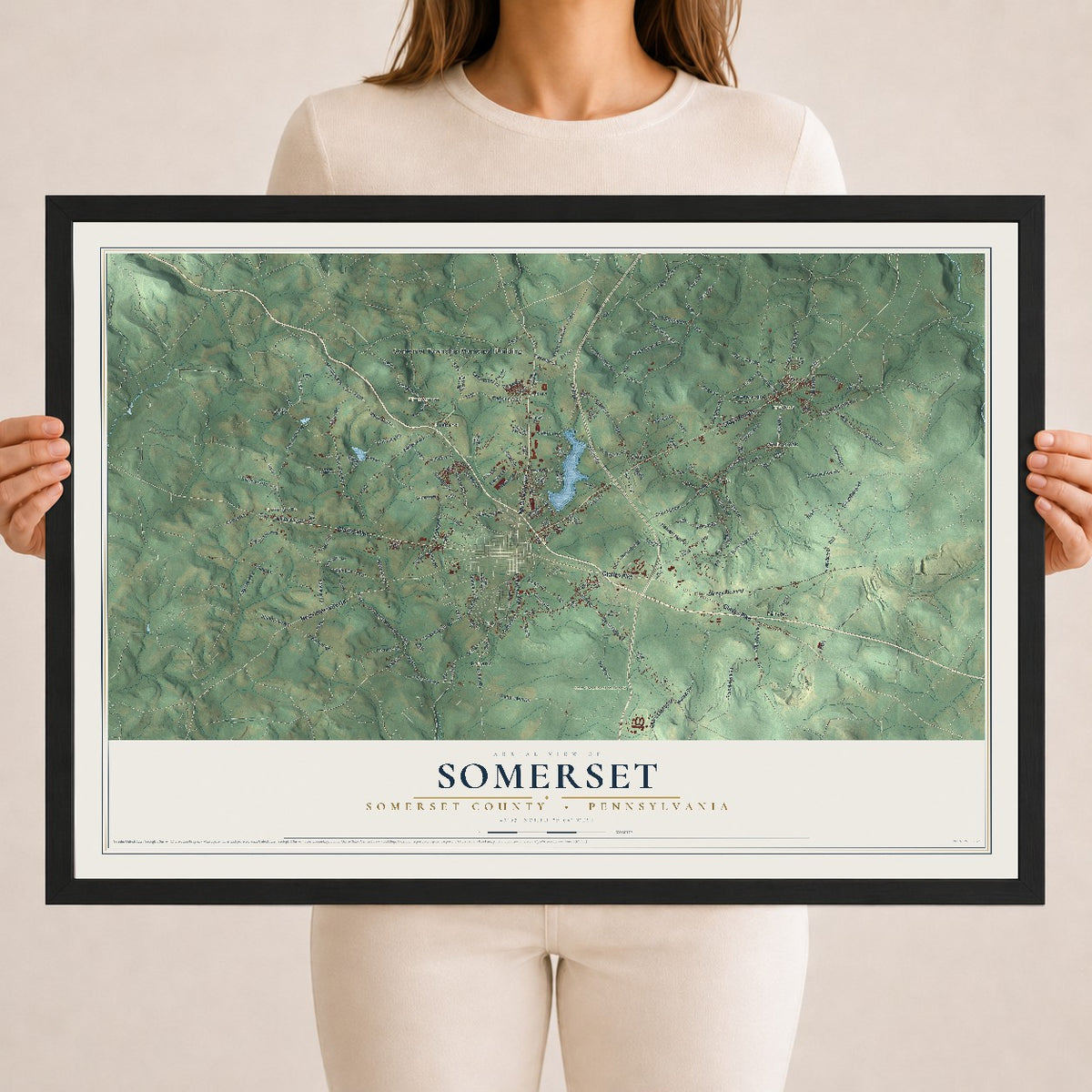 Map of Somerset, Somerset County, Pennsylvania, 18 x 24 inch print in a black wood frame