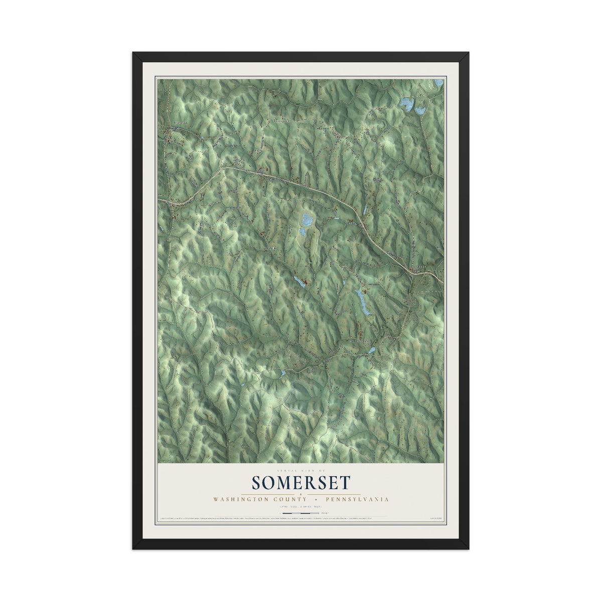 Map of Somerset, Washington County, Pennsylvania, 12 x 18 inch print in a black wood frame