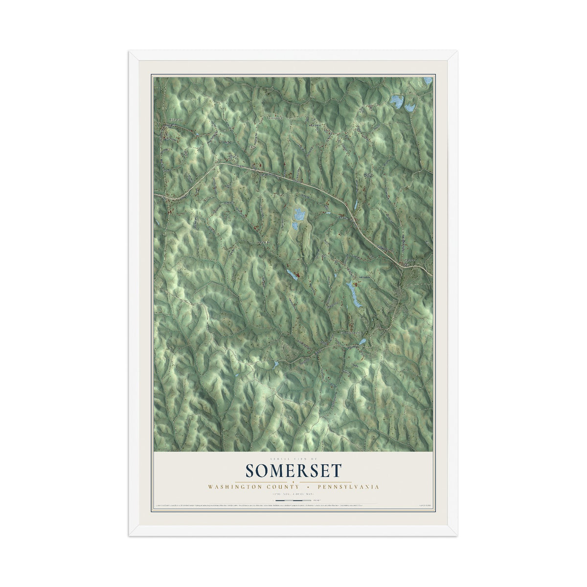 Map of Somerset, Washington County, Pennsylvania, 12 x 18 inch print in a white wood frame