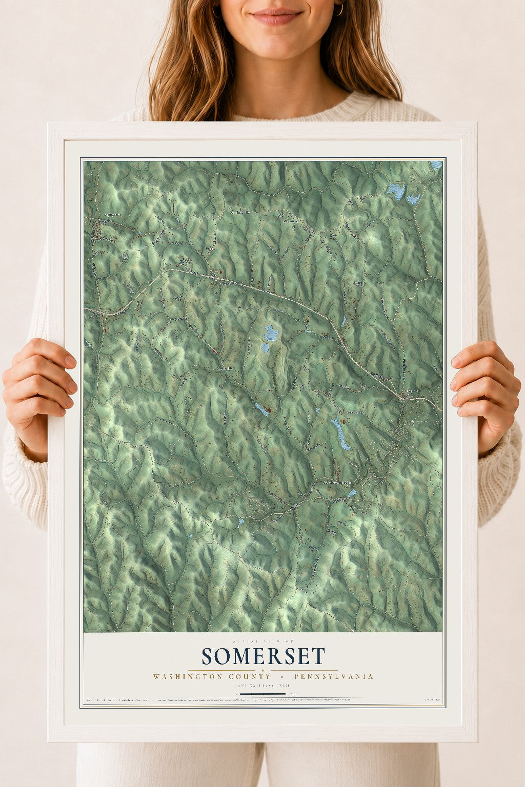 Map of Somerset, Washington County, Pennsylvania, 18 x 24 inch print in a white wood frame